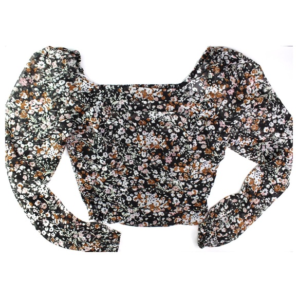 Lulus Puff Sleeve Cropped Semi Sheer Long Sleeve Floral Top XS - Picture 1 of 7